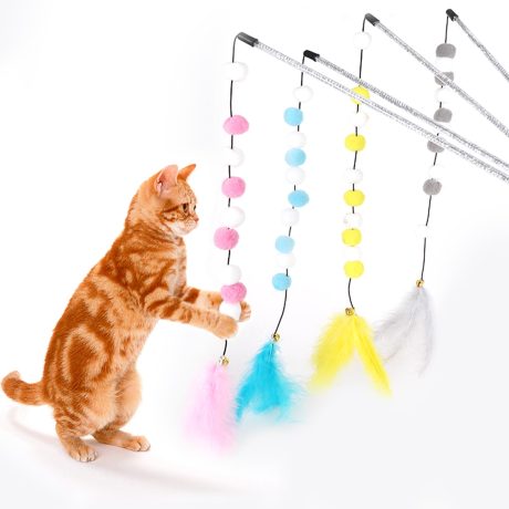 لعبة عصا مع ريش واجراس، مثبتة بقاعدو لاصقة قوية للقطط، قابلة للفصل، تفاعلية للتمرين واللعب في الاماكن المغلقة، طول اكثر من 90 م
