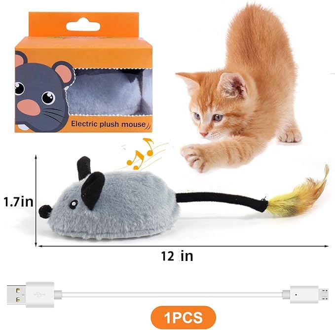 لعبة فأر متحرك للقطط من ميميبلاك، لعبة فأر متحركة، لعبة تفاعلية للقطط والقطط الصغيرة للتمرين في الأماكن المغلقة مع ذيل ريش، ألعاب حيوانات أليفة ذاتية اللعب قابلة لإعادة الشحن (رمادي)