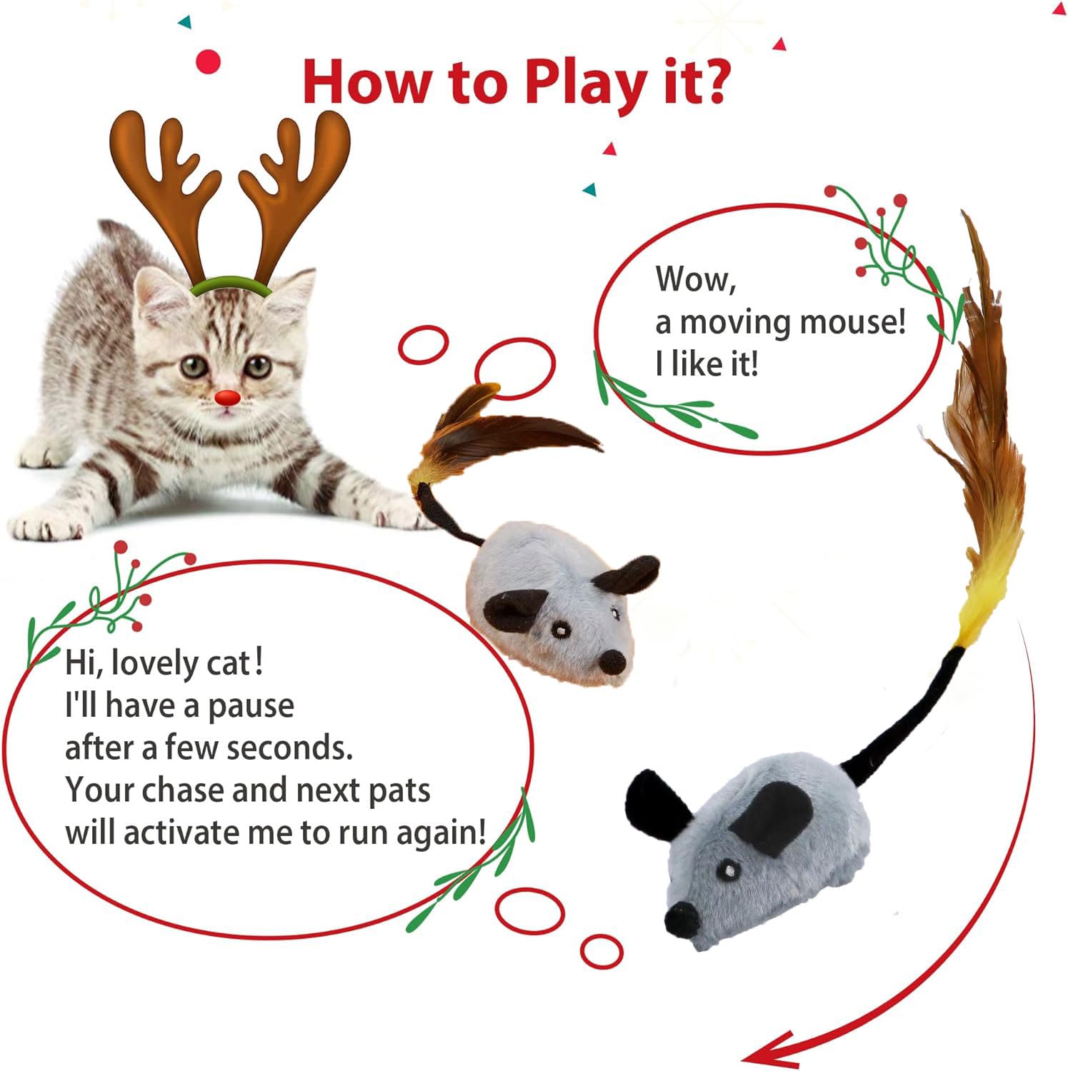 لعبة فأر متحرك للقطط من ميميبلاك، لعبة فأر متحركة، لعبة تفاعلية للقطط والقطط الصغيرة للتمرين في الأماكن المغلقة مع ذيل ريش، ألعاب حيوانات أليفة ذاتية اللعب قابلة لإعادة الشحن (رمادي)