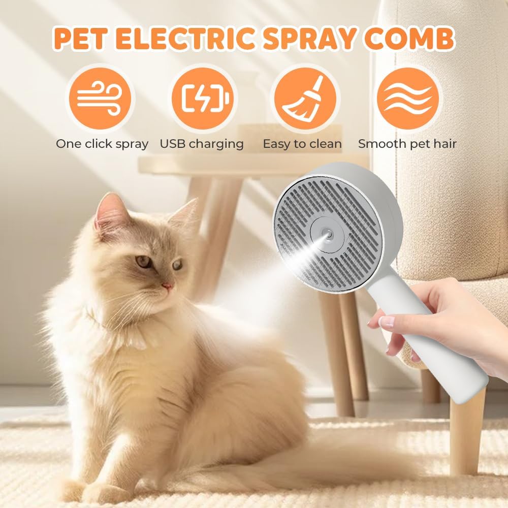 مشط ازالة شعر الحيوانات الاليفة 4 في 1 مع فرشاة بخار، مزيل فرو الكلاب والقطط، اداة حلاقة داخلية، فرشاة شعر بالبخار للحيوانات الاليفة، مشط سهل التنظيف من الفرو للتحكم في تساقط الشعر (ابيض)