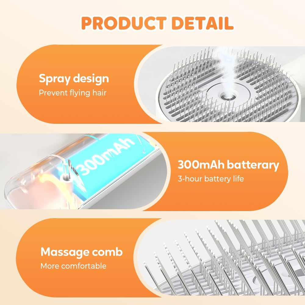 مشط ازالة شعر الحيوانات الاليفة 4 في 1 مع فرشاة بخار، مزيل فرو الكلاب والقطط، اداة حلاقة داخلية، فرشاة شعر بالبخار للحيوانات الاليفة، مشط سهل التنظيف من الفرو للتحكم في تساقط الشعر (ابيض)