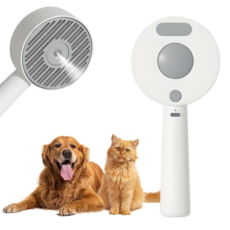 مشط ازالة شعر الحيوانات الاليفة 4 في 1 مع فرشاة بخار، مزيل فرو الكلاب والقطط، اداة حلاقة داخلية، فرشاة شعر بالبخار للحيوانات الاليفة، مشط سهل التنظيف من الفرو للتحكم في تساقط الشعر (ابيض)