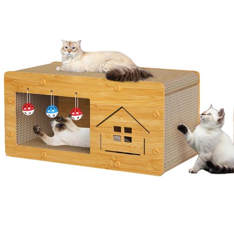 منزل خشبي وسرير للقطط، بتصميم فيلا كبيرة للحيوانات الأليفة مع وسادة من الورق المقوى للقطط مع جرس، ذاتي التجميع من اندهووم