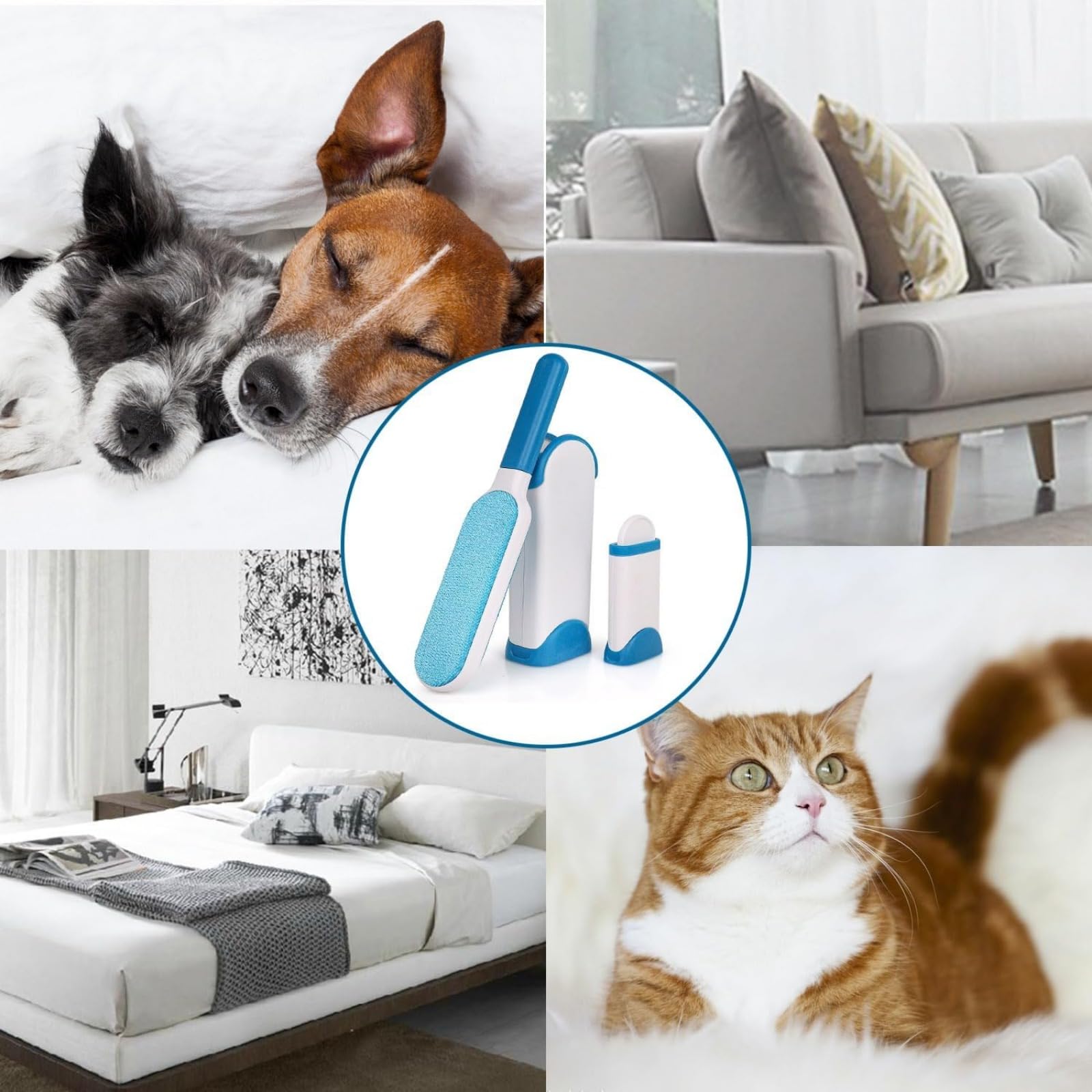 هالامودو فرشاة ازالة شعر الحيوانات الاليفة مع قاعدة ذاتية التنظيف، مزيل زغب قابل لاعادة الاستخدام للملابس، منظف فرو مزدوج الجوانب للكلاب والقطط (ابيض وازرق)