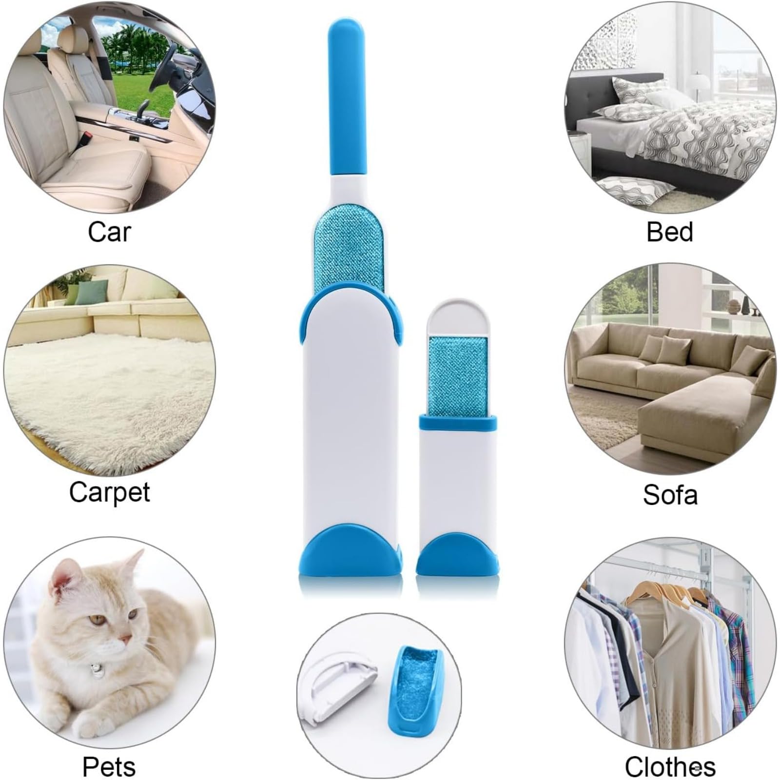 هالامودو فرشاة ازالة شعر الحيوانات الاليفة مع قاعدة ذاتية التنظيف، مزيل زغب قابل لاعادة الاستخدام للملابس، منظف فرو مزدوج الجوانب للكلاب والقطط (ابيض وازرق)