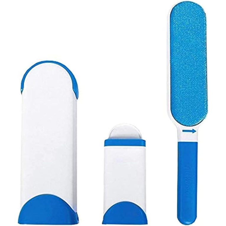 هالامودو فرشاة ازالة شعر الحيوانات الاليفة مع قاعدة ذاتية التنظيف، مزيل زغب قابل لاعادة الاستخدام للملابس، منظف فرو مزدوج الجوانب للكلاب والقطط (ابيض وازرق)