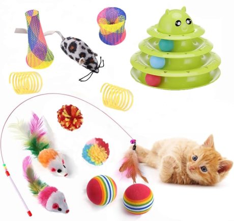 13 قطعة من العاب القطط من ويزشوغول، مجموعة العاب دوارة من 3 مستويات، العاب دوارة تفاعلية للقطط المنزلية، العاب تفاعلية للقطط بشكل الفئران، العاب زنبركية، العاب كرات متنوعة للقطط.