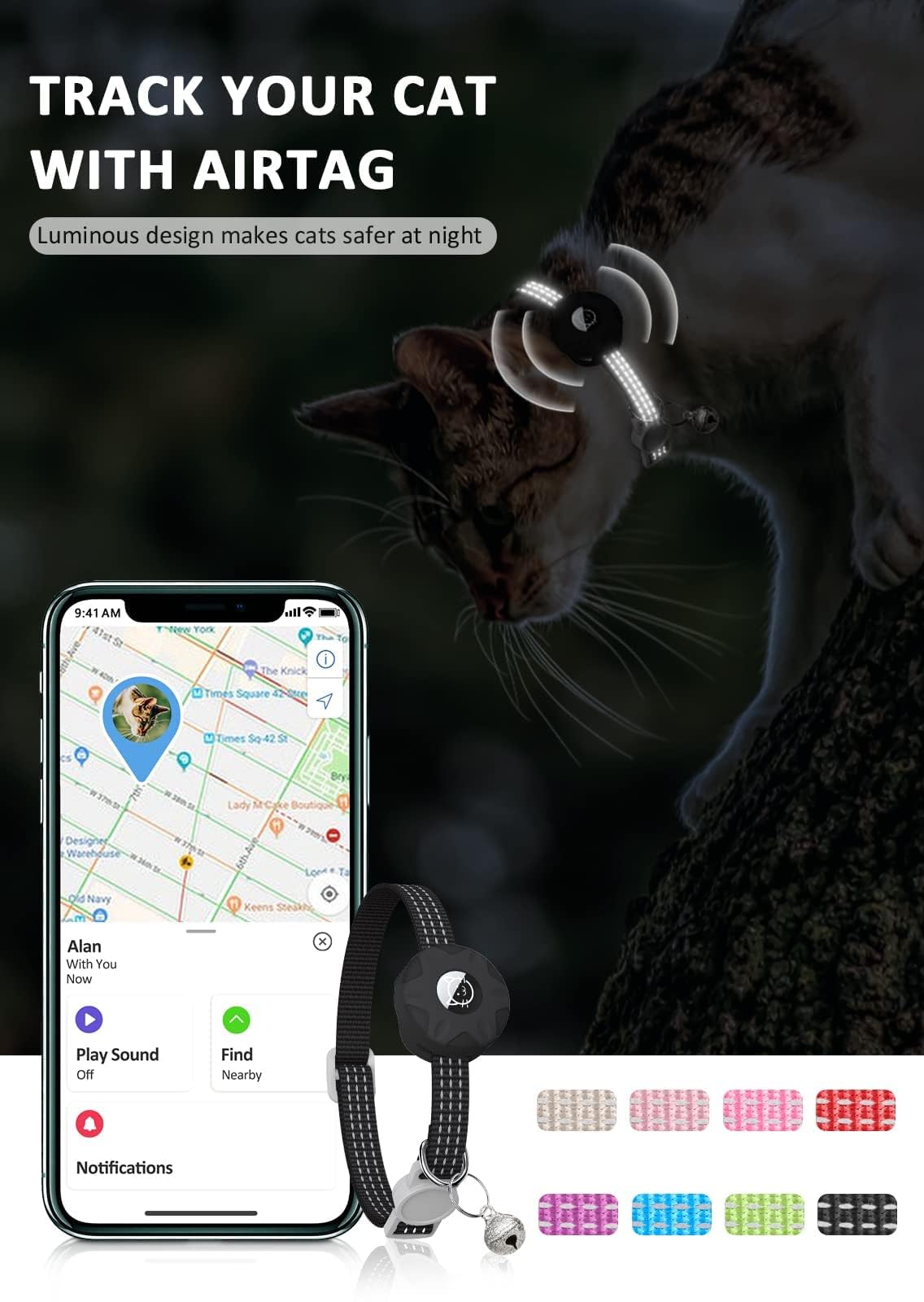 Aputue Airtag Cat Collar, Reflective Breakaway Collar with Holder and Bell, Lightweight Safety Collar for Cats and Small Dogs