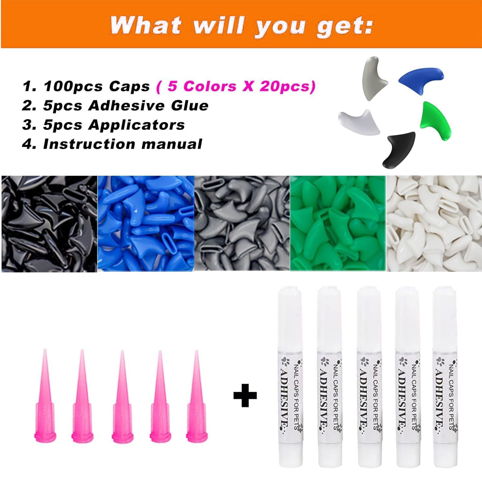 أغطية أظافر للقطط لتغطية مخالب القطط الصغيرة مع لاصقات وأداة تطبيق، أغطية لمقص أظافر الحيوانات الأليفة لحماية المنزل والأثاث ومنع الخدش، مقاس متوسط، 5 ألوان، عبوة من 100 قطعة