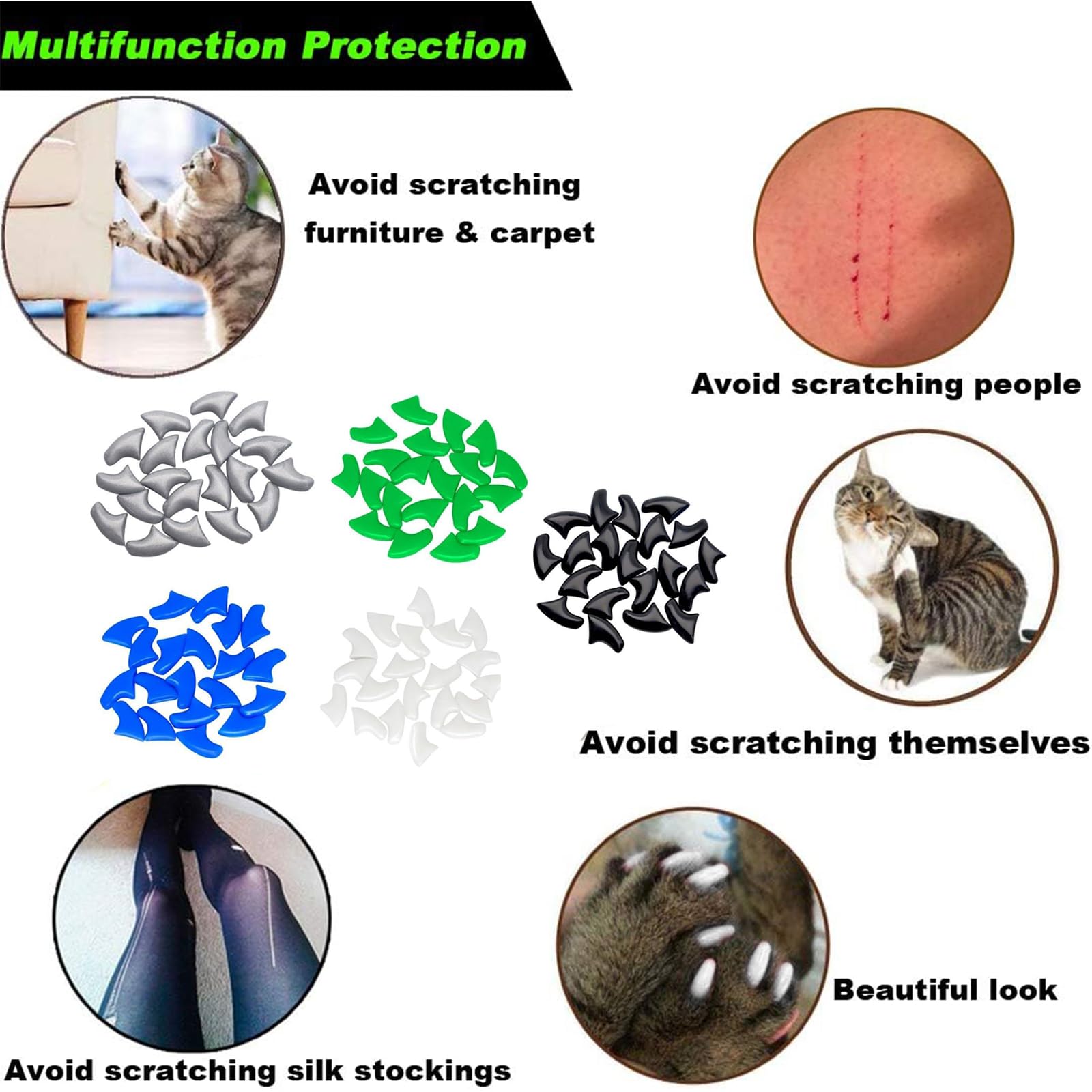 أغطية أظافر للقطط لتغطية مخالب القطط الصغيرة مع لاصقات وأداة تطبيق، أغطية لمقص أظافر الحيوانات الأليفة لحماية المنزل والأثاث ومنع الخدش، مقاس متوسط، 5 ألوان، عبوة من 100 قطعة