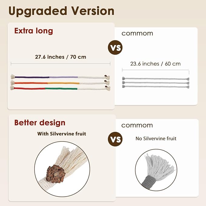ألعاب حبل النعناع البري من دي اف اف جي هول، 3 قطع من ألعاب القطط المصنوعة يدويا من الحبال القطنية للقطط الداخلية، ألعاب مضغ للحيوانات الأليفة للتمرين والتطويل حتى 70 سم