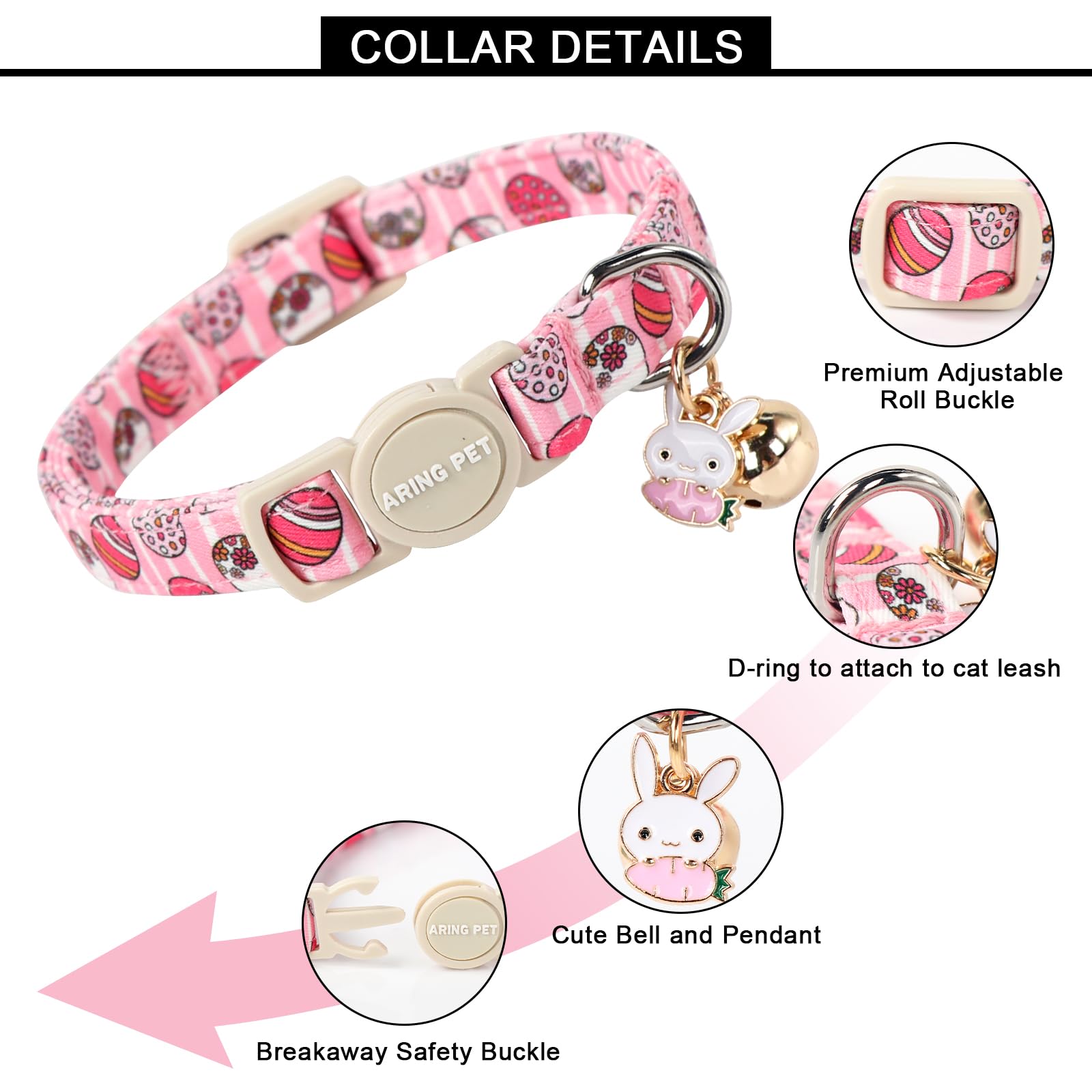 ارينغ بيت طوق قطط لطيف قابل للفصل مع جرس وقلادة، اطواق مخملية قابلة للتعديل بلون ارجواني واحمر وردي مع مشبك امان للقطط البنات والاولاد، عبوة من قطعتين