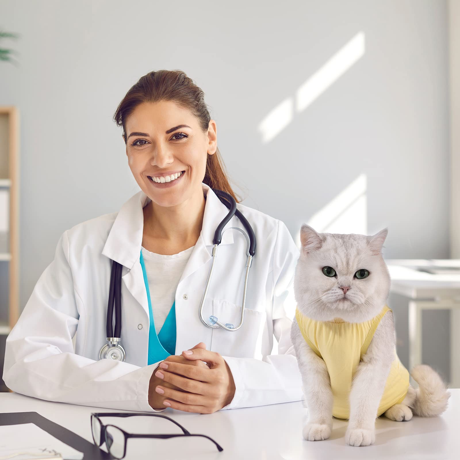 افونت بدلة التعافي من جراحة القطط، بدلة من قطعة واحدة بديلة بعد الجراحة لتخفيف القلق والتهدئة - رمادي داكن