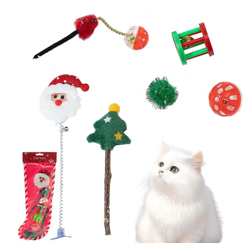 العاب القطط من مومو، 7 قطع من العاب القطط التفاعلية للكريسماس هدية للقطط مع العاب تصدر صوت صرير، كرات، العاب مثيرة للقطط (7 قطع)