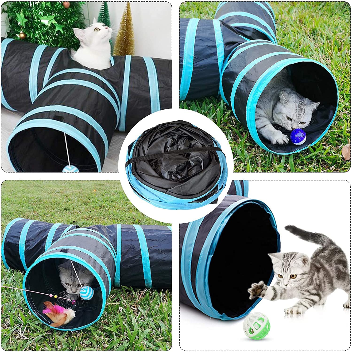 العاب نفق للقطط الاليفة، انبوب قابل للطي بثلاث طرق مع فتحة زقزقة، داخلية قابلة للطي للحيوانات الاليفة، للقطط والجرو والقطط الصغيرة والارانب