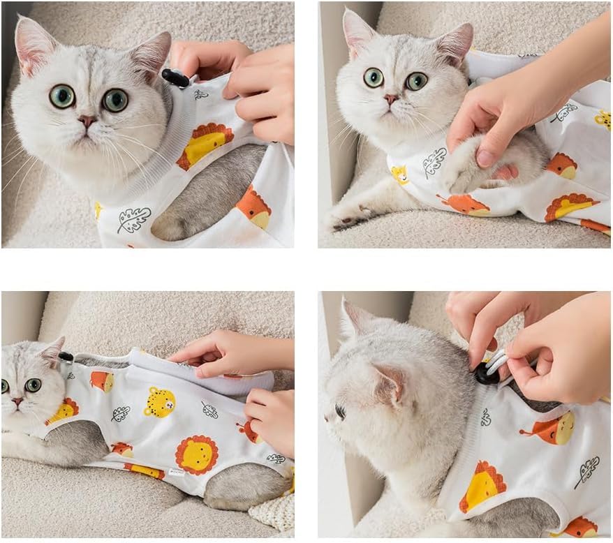 بدلة التعافي من جراحة القطط، قطعة واحدة مضادة للعق، بدلة رش بديلة مخروطية للقطط، واقي من الجروح بعد الجراحة، حماية من الامراض الجلدية، مقاس M، طباعة حيوانات الغابة
