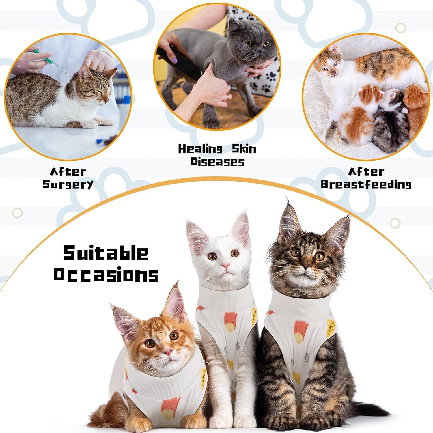 بدلة التعافي من جراحة القطط، قطعة واحدة مضادة للعق، بدلة رش بديلة مخروطية للقطط، واقي من الجروح بعد الجراحة، حماية من الامراض الجلدية، مقاس M، طباعة حيوانات الغابة