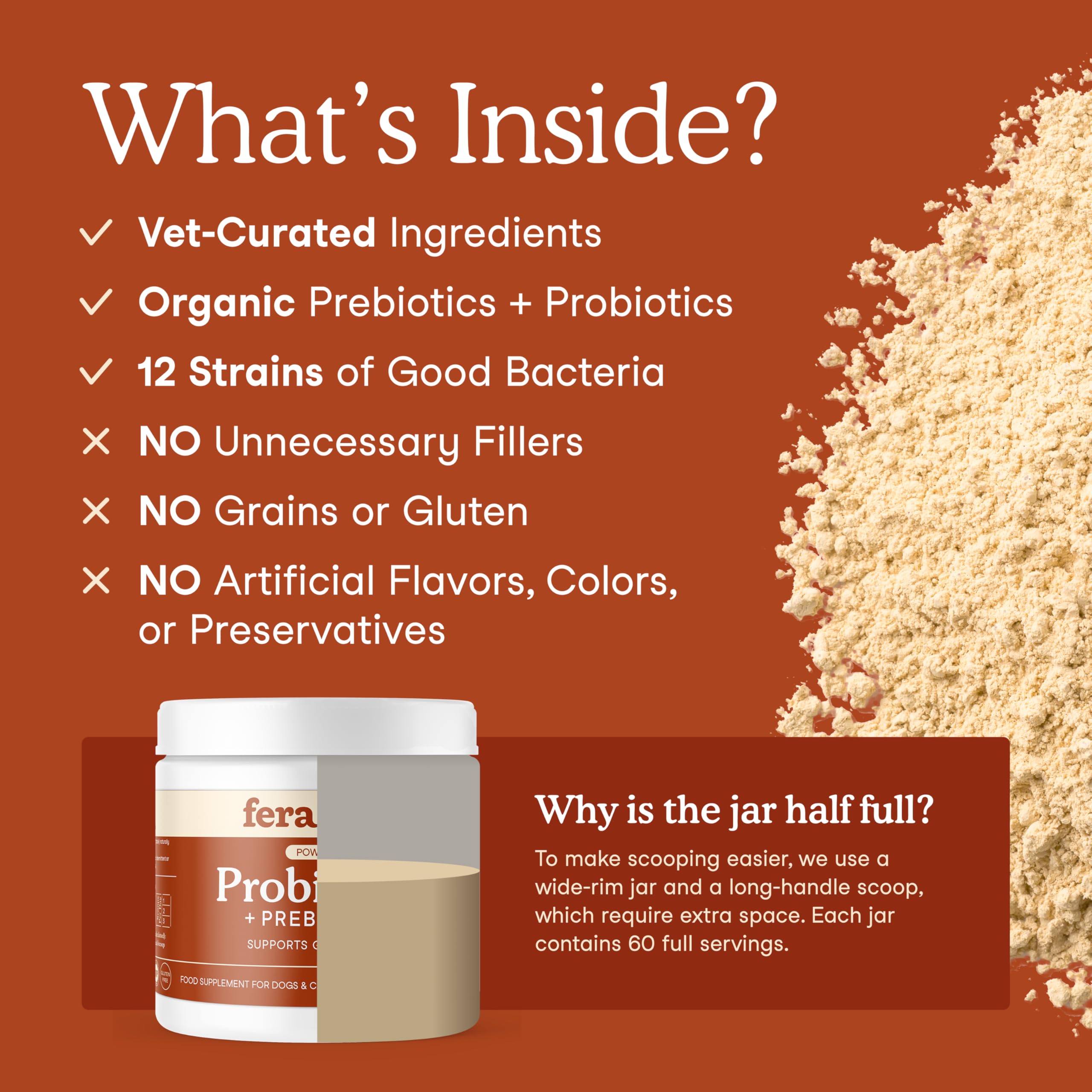 بروبيوتيك للكلاب والقطط من فيرا بيت اورجانيكس - مكمل بروبيوتيك للقطط والكلاب - 12 سلالة وبريبايوتكس لهضم الحيوانات الاليفة - 60 مغرفة