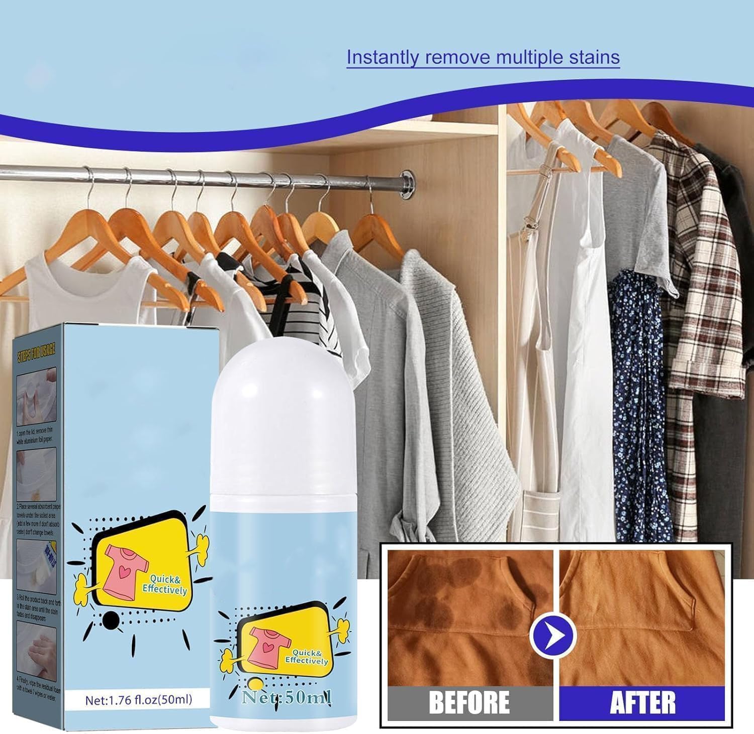 بكرة تنظيف كرات دوارة للملابس من ازوني، قطعتان من خرز سائل شفاف لا يغسل في حالات الطوارئ، مزيل البقع السحري السريع سهل الحمل بدون تنظيف جاف للطعام والشحوم والقهوة من الغسيل، 50 مل