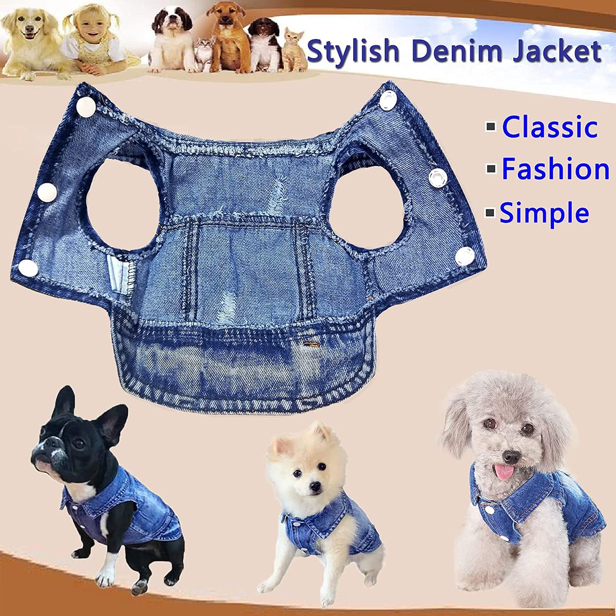 جاكيت جينز كلاسيكي مريح وبدون اكمام وقابلة للغسل ملابس رائعة للكلاب الصغيرة والمتوسطة والقطط والحيوانات الاليفة من الاناث والذكور لون ازرق من كاستويف