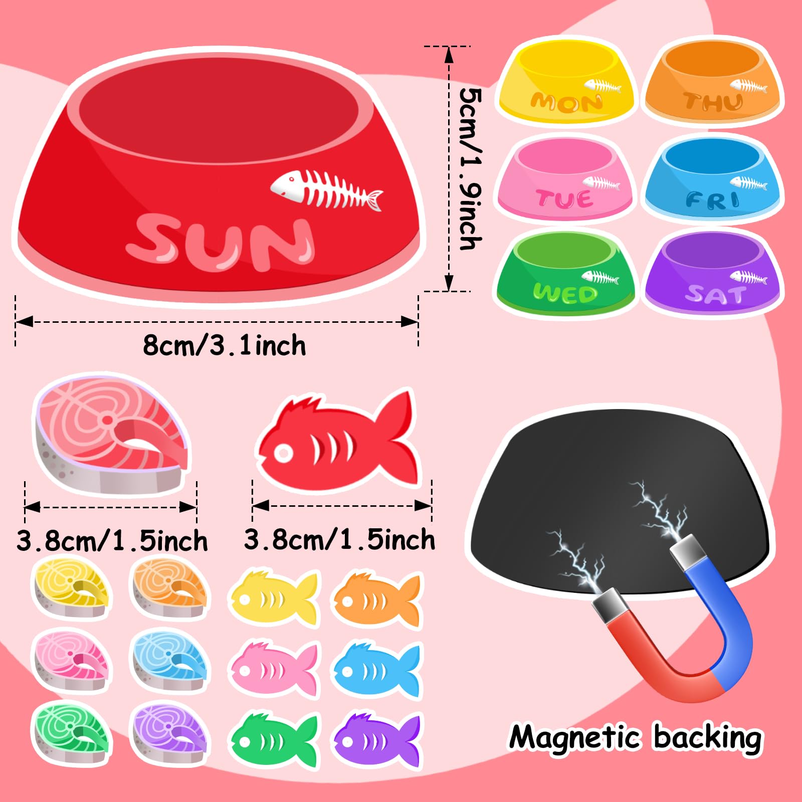 جهاز تتبع مغناطيسي للتذكير بتغذية القطط - مخطط وجبات اسبوعي للقطط مع اوعية ملونة وايقونات لحوم السمك والاسماك - مخطط مغناطيسي للثلاجة قابل لاعادة الاستخدام لجدول تغذية الحيوانات الاليفة، لافتة تنظيم