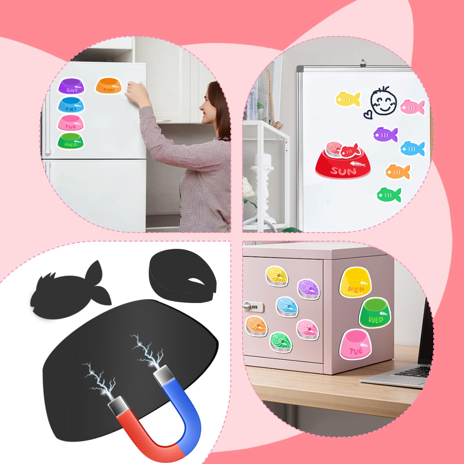 جهاز تتبع مغناطيسي للتذكير بتغذية القطط - مخطط وجبات اسبوعي للقطط مع اوعية ملونة وايقونات لحوم السمك والاسماك - مخطط مغناطيسي للثلاجة قابل لاعادة الاستخدام لجدول تغذية الحيوانات الاليفة، لافتة تنظيم