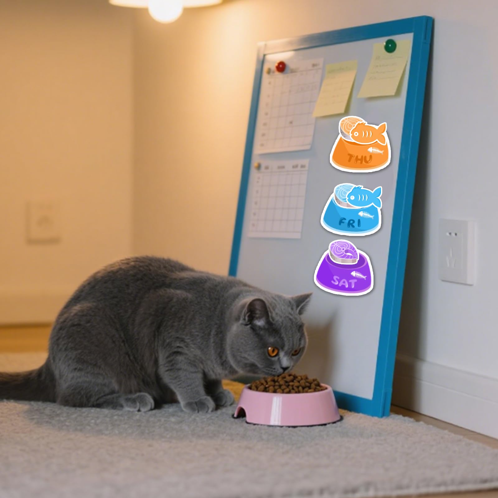 جهاز تتبع مغناطيسي للتذكير بتغذية القطط - مخطط وجبات اسبوعي للقطط مع اوعية ملونة وايقونات لحوم السمك والاسماك - مخطط مغناطيسي للثلاجة قابل لاعادة الاستخدام لجدول تغذية الحيوانات الاليفة، لافتة تنظيم