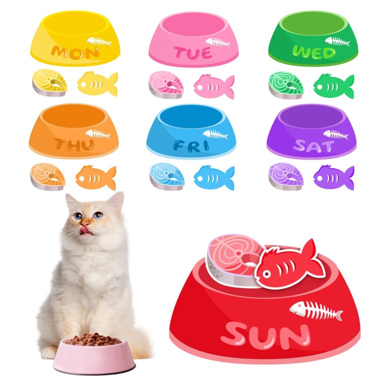 جهاز تتبع مغناطيسي للتذكير بتغذية القطط - مخطط وجبات اسبوعي للقطط مع اوعية ملونة وايقونات لحوم السمك والاسماك - مخطط مغناطيسي للثلاجة قابل لاعادة الاستخدام لجدول تغذية الحيوانات الاليفة، لافتة تنظيم