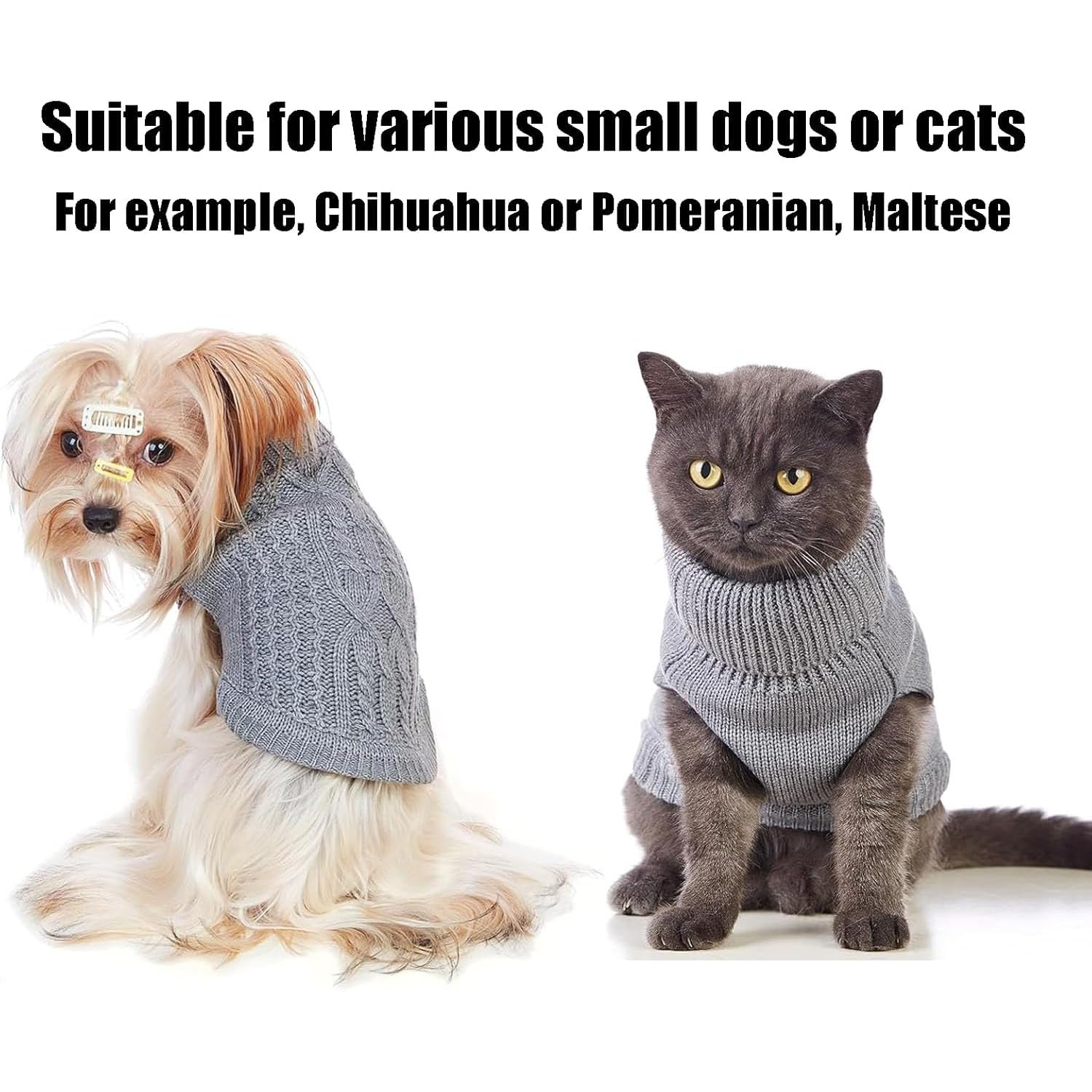 جي زي اس سويتر قطط، ملابس شتوية مريحة للحيوانات الاليفة، سترة للقطط فقط، سترة محبوكة دافئة برقبة دائرية للقطط والكلاب الصغيرة، مثالية للمواسم الباردة (رمادي، M)