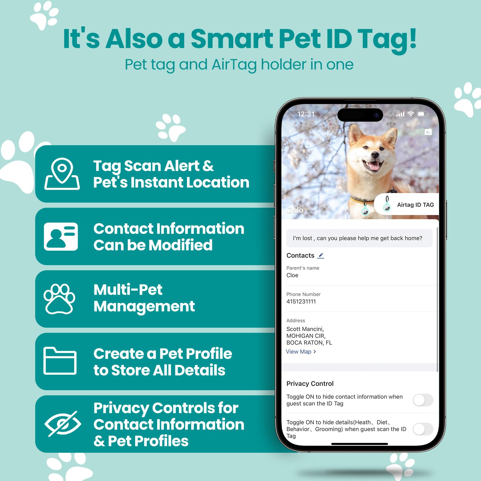 حامل وطوق ايرتاج للحيوانات الاليفة. علامة وتطبيق GPS مع معرف QR ذكي لتحديد الموقع الفوري وملف تعريف الحيوانات الاليفة ومعلومات الاتصال. جهاز تتبع الكلاب او جهاز تتبع القطط (بينك)