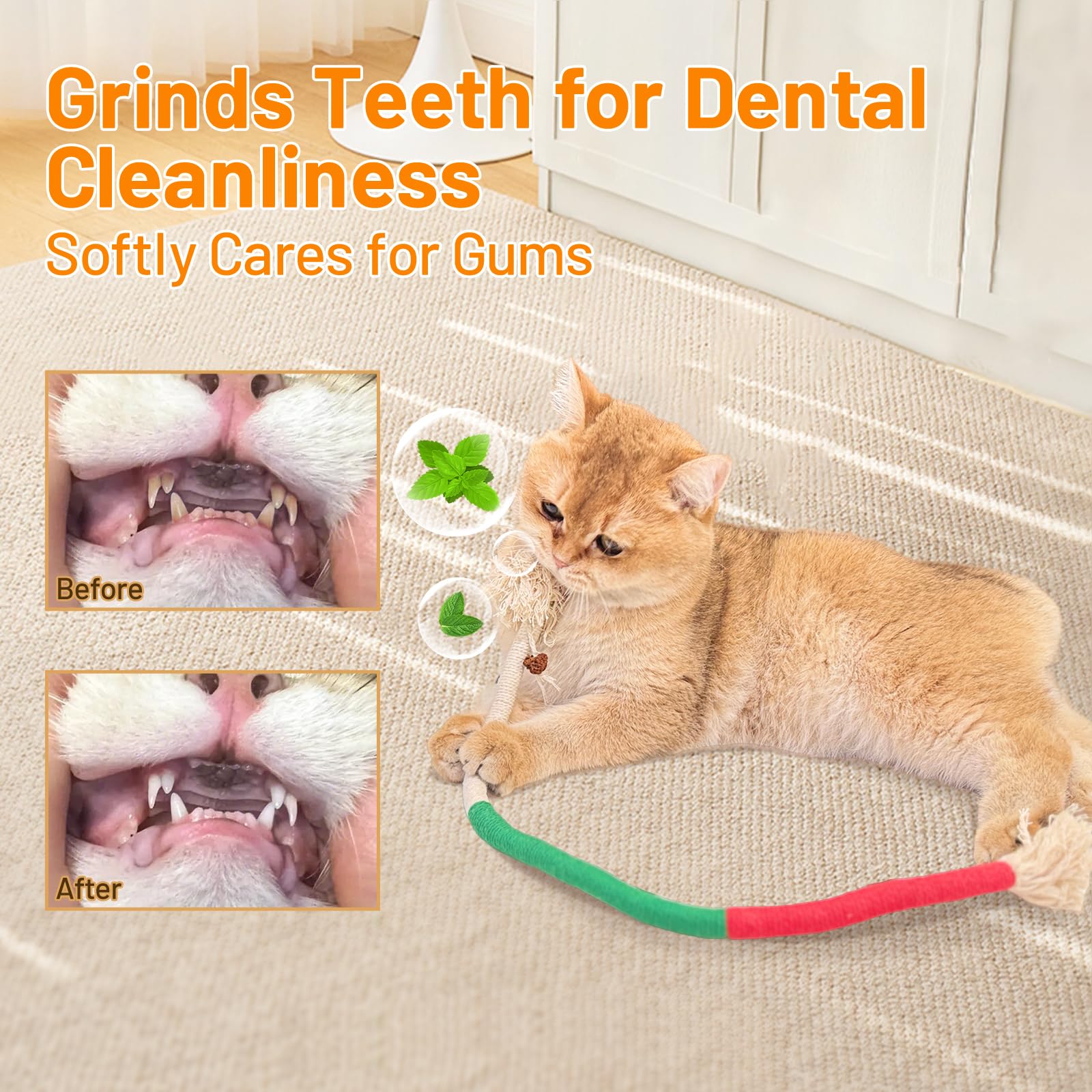 حبل مضغ للقطط من غوشانمون، 3 قطع من حبل مضغ النعناع البري الطبيعي، لعبة تنظيف اسنان امنة للقطط الداخلية، العاب تفاعلية للقطط مقاس 24 انش لجميع السلالات