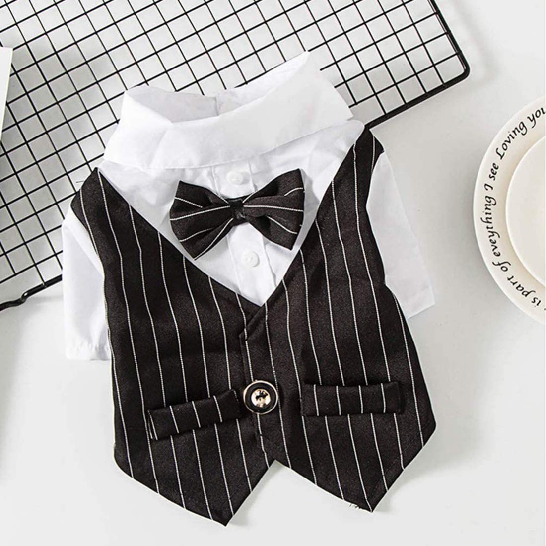 زي تنكري للكلاب والقطط على شكل ربطة عنق على شكل فيونكة من ملابس كوزي للحيوانات الأليفة، بدلة سهرة رسمية للجراء والقطط الصغيرة لطيفة للحيوانات الأليفة في الأماكن المغلقة وحفلات الزفاف (أسود، مقاس S)