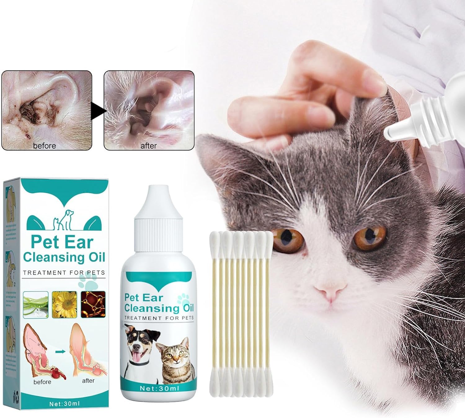 زيت تنظيف أذن الحيوانات الأليفة، مجموعة تنظيف أذن الكلاب، علاج عث الأذن للقطط، منظف أذن الحيوانات الأليفة، مع ممسحة قطنية، من لكجوري