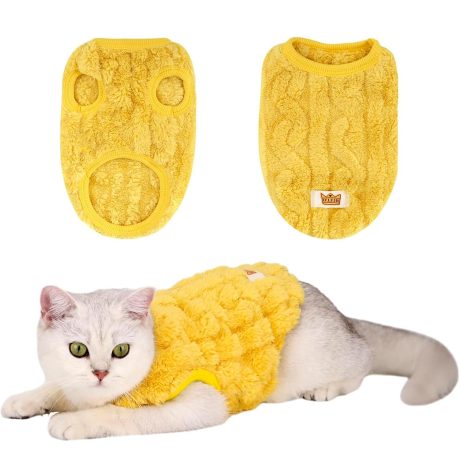 سترة قطط ناعمة بدون أكمام مرنة من الفلانيل ملابس قطط شتوية دافئة لطيفة مع مخمل للقطط الصغيرة أو الكلاب في موسم البرد من جويز، لون أصفر، مقاس S