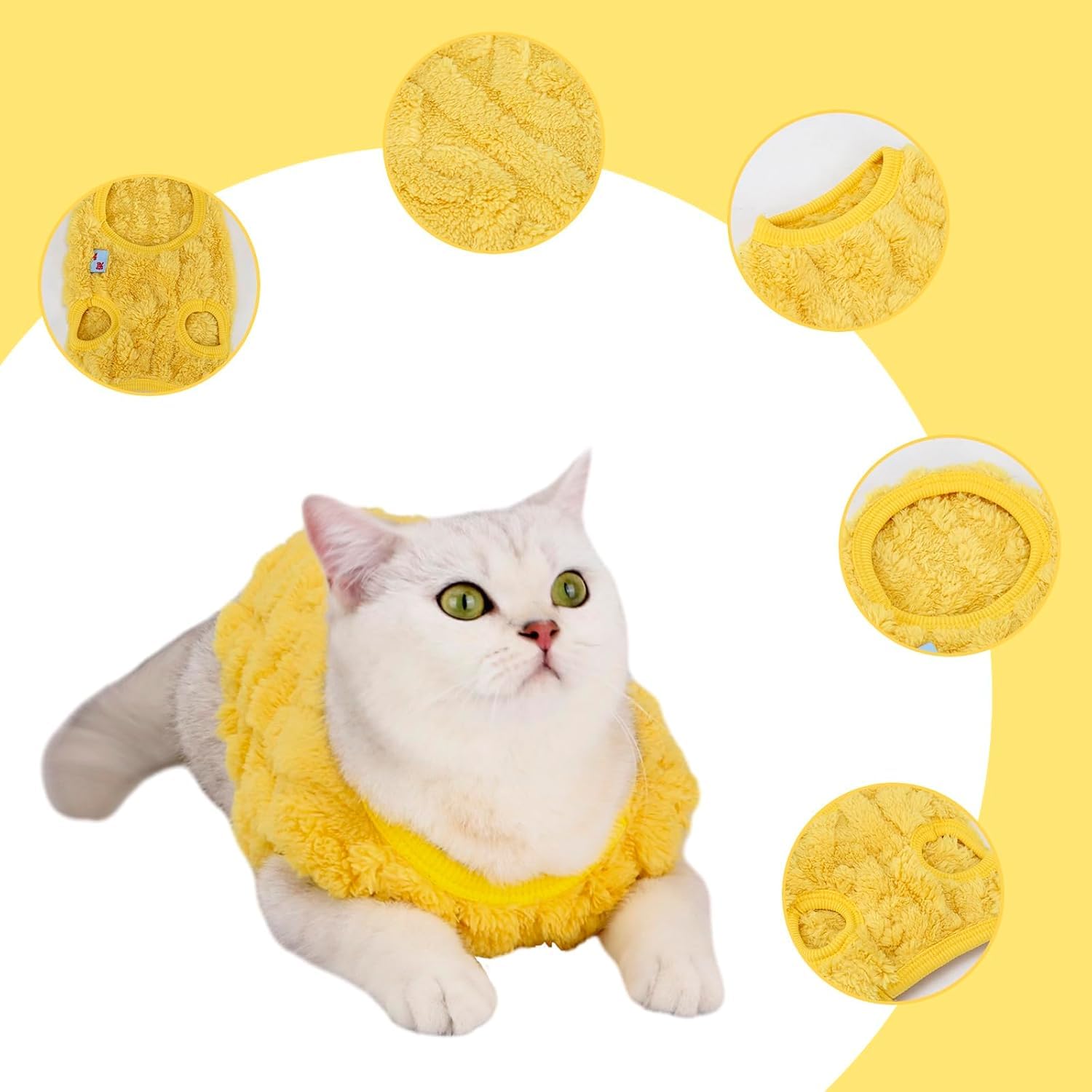 سترة قطط ناعمة بدون أكمام مرنة من الفلانيل ملابس قطط شتوية دافئة لطيفة مع مخمل للقطط الصغيرة أو الكلاب في موسم البرد من جويز، لون أصفر، مقاس S
