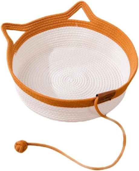 سرير للقطط من ال كيو زد اتش بي دي دبليو زد، عش منسوج من الراتان للحيوانات الاليفة، لوح خدش للقطط والحيوانات الاليفة، سلال عش للنوم (ابيض + كاكي، M)