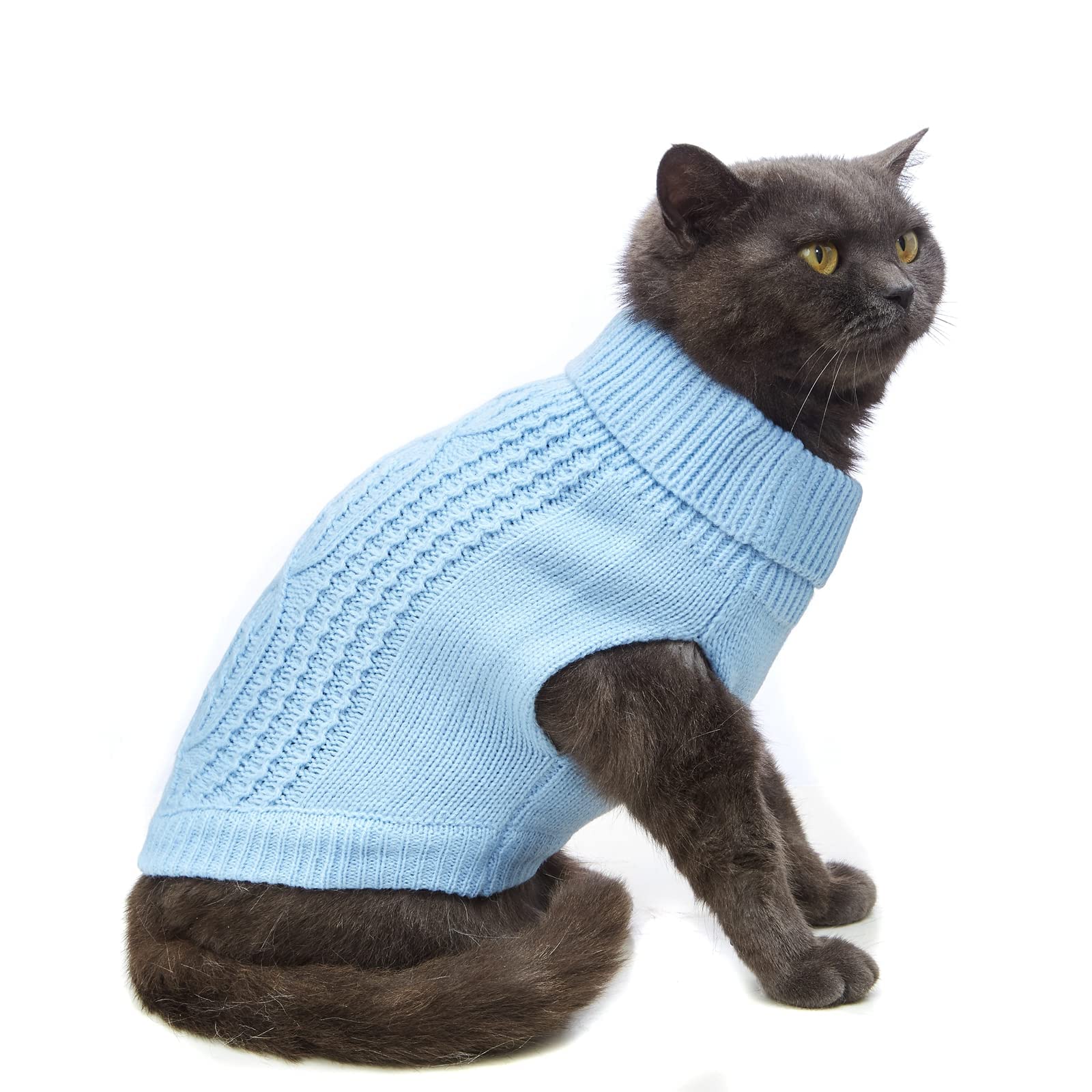 سويتر محبوك للقطط بقبة دائرية بدون اكمام ملابس شتوية دافئة او الكلاب الصغيرة في موسم البرد ازرق سماوي مقاس S من ايليكدون