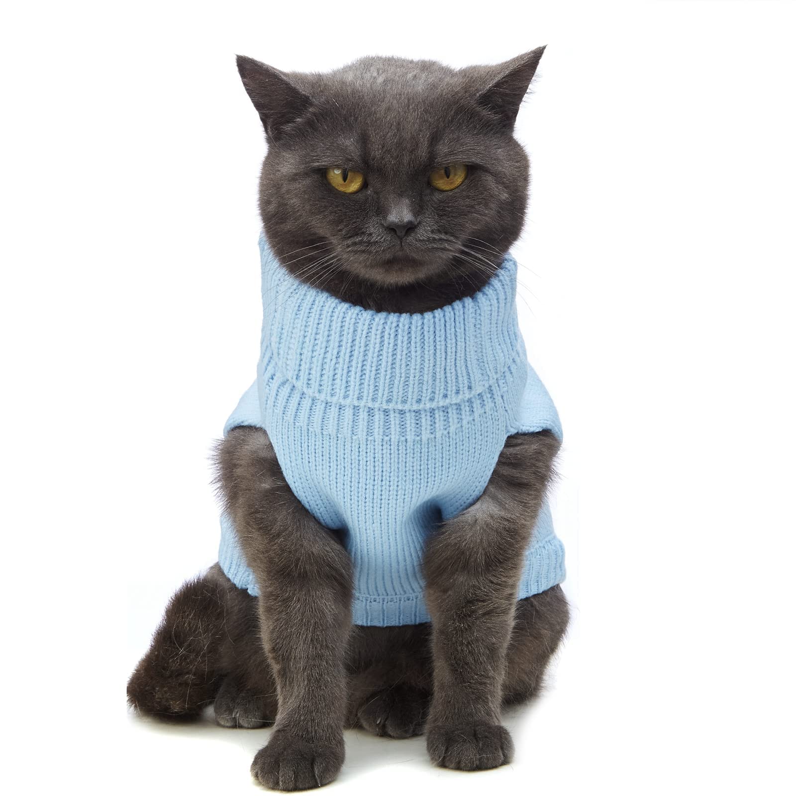 سويتر محبوك للقطط بقبة دائرية بدون اكمام ملابس شتوية دافئة او الكلاب الصغيرة في موسم البرد ازرق سماوي مقاس S من ايليكدون