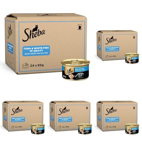 شيبا اكل قطط رطب معلب بالتونة مع السمك الابيض بالمرق، مصنوع من مكونات طبيعية بالإضافة إلى الفيتامينات والمعادن الأساسية، هذا الطعام الرطب مصنوع من تركيبة خالية من الحبوب مناسبة للقطط الحساسة، 85 غ