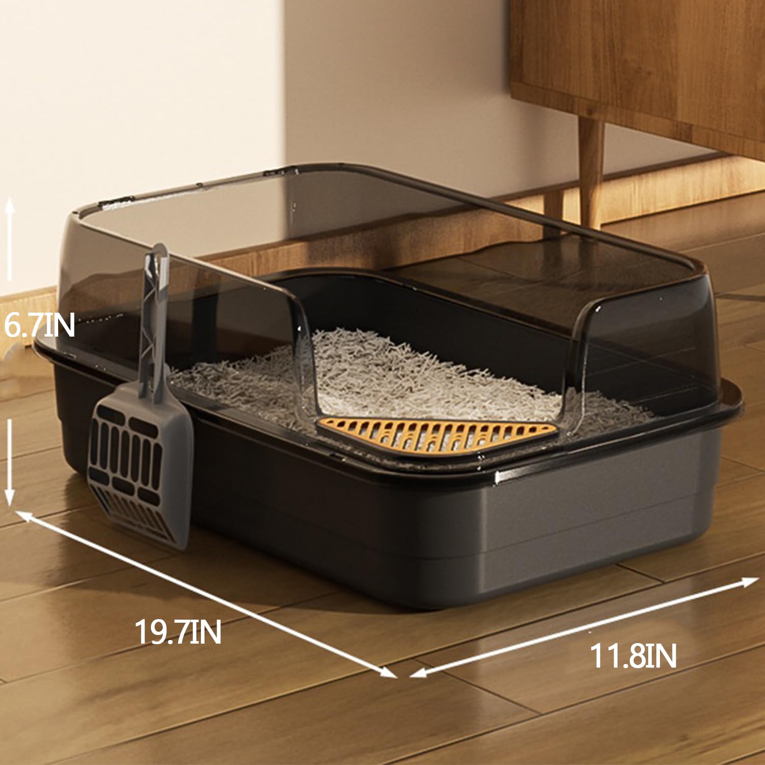 صندوق فضلات القطط بجزء علوي مفتوح شبه مغلق مع مغرفة ومزيل للروائح، صندوق رمل للقطط مع دواسة فضلات مفلترة لسهولة التنظيف والتحكم في الرائحة (ابيض)
