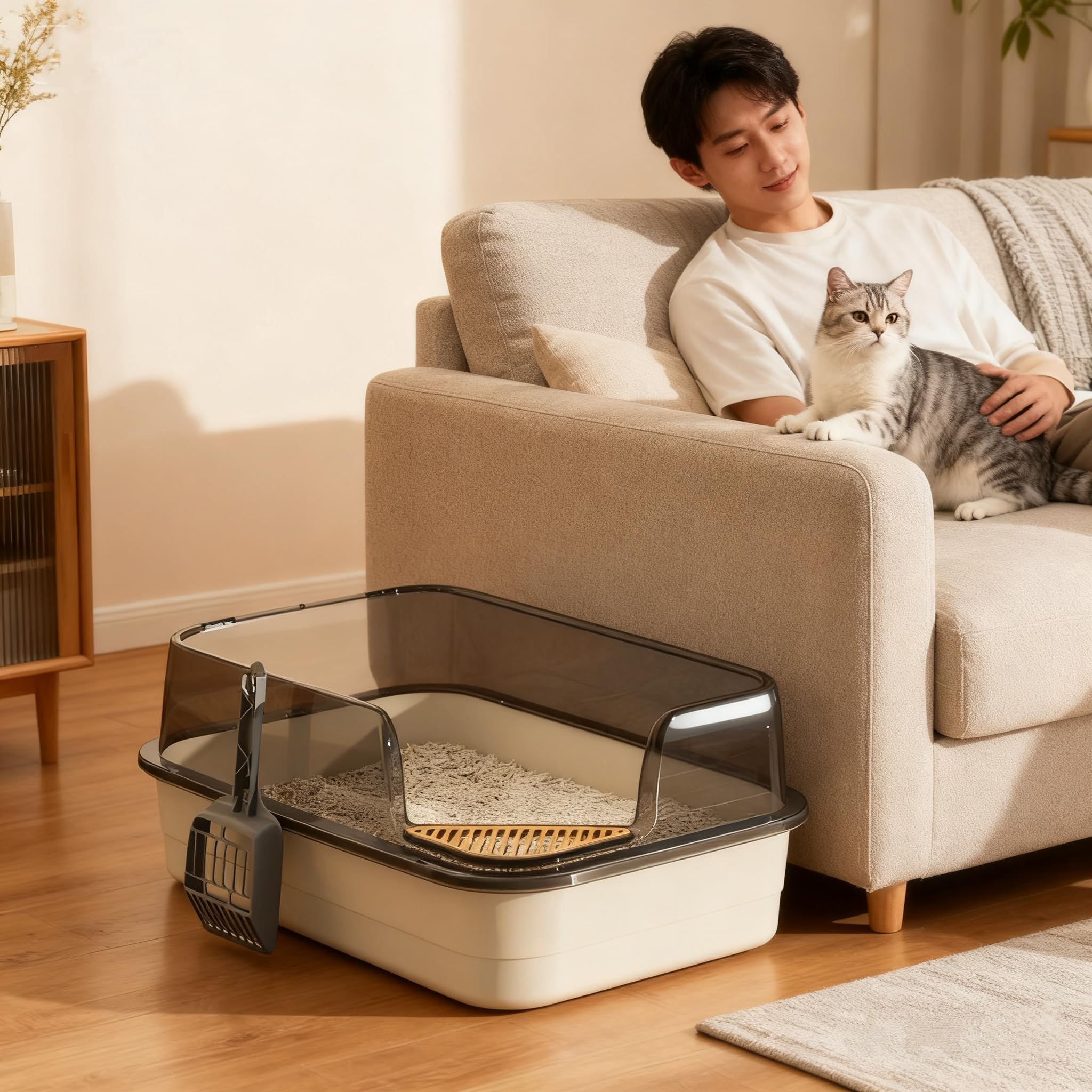 صندوق فضلات القطط بجزء علوي مفتوح شبه مغلق مع مغرفة ومزيل للروائح، صندوق رمل للقطط مع دواسة فضلات مفلترة لسهولة التنظيف والتحكم في الرائحة (ابيض)