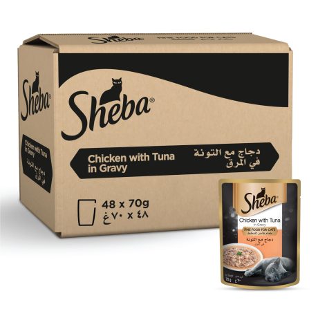 طعام قطط بنكهة الدجاج مع التونة والفيتامينات والمعادن الأساسية، مصنوع وفق تركيبة الرغيف لتعزيز سهولة المضغ حتى بالنسبة للقطط الحساسة من شيبا، عبوة من 48 قطعة×70 جم