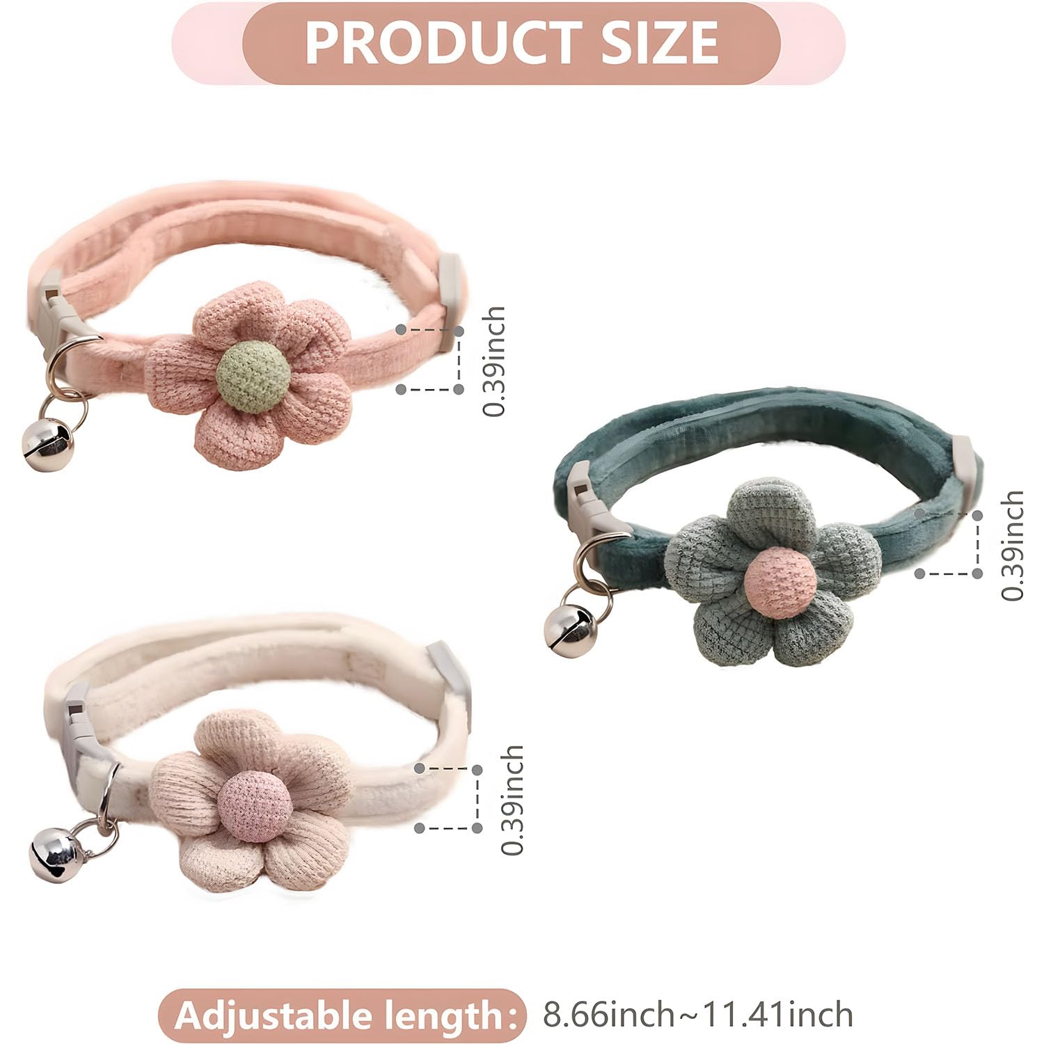 طوق قطة مع زهرة، 3 قطع طوق للقطط الصغيرة، قلادة طوق قطيفة مع دلاية على شكل جرس، اطواق بنمط زهرة منفصلة، طوق قطة لطيف من الشمواه قابل للتعديل للبنات والاولاد والجراء والقطط من اكسسبينج