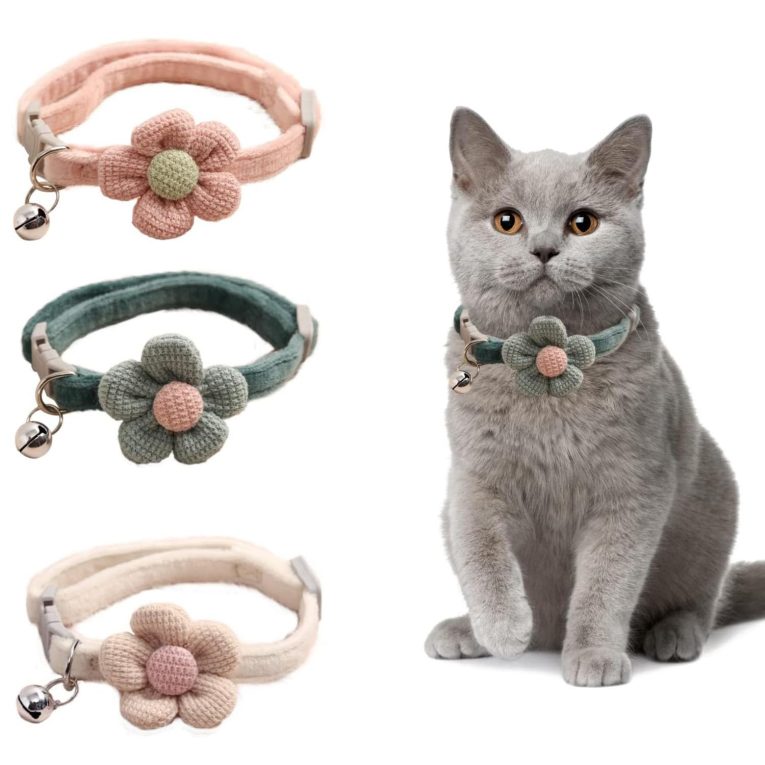 طوق قطة مع زهرة، 3 قطع طوق للقطط الصغيرة، قلادة طوق قطيفة مع دلاية على شكل جرس، اطواق بنمط زهرة منفصلة، طوق قطة لطيف من الشمواه قابل للتعديل للبنات والاولاد والجراء والقطط من اكسسبينج