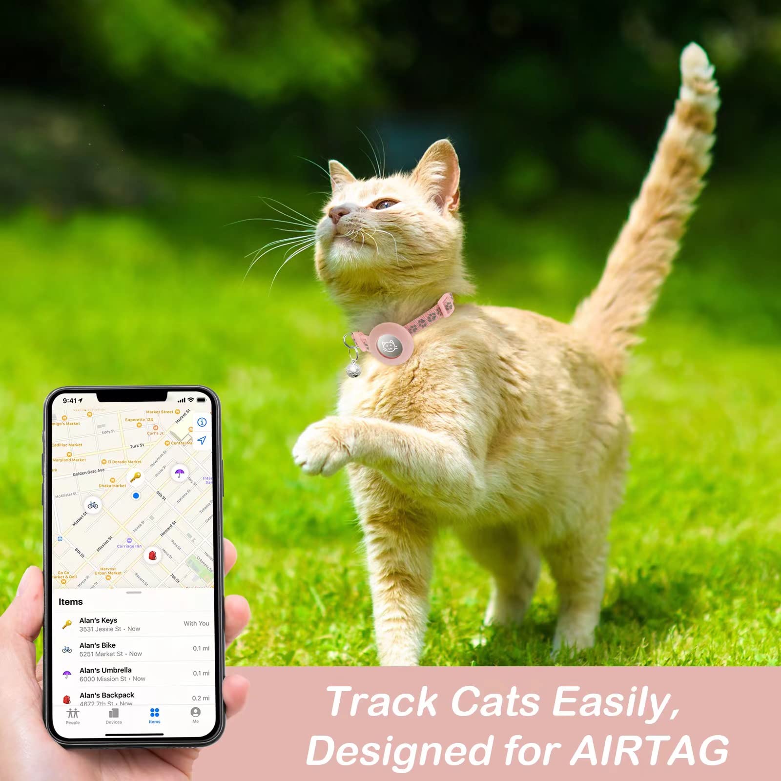 طوق قطط اير تاغ قابل للفصل مع جرس من لافاي، طوق عاكس للضوء مع حامل طوق للقطط من ابل ايرتاج، قابل للتعديل 7-12 انش، مشبك امان للبنات والاولاد والقطط ومستلزمات الحيوانات الاليفة والاكسسوارات والهدايا