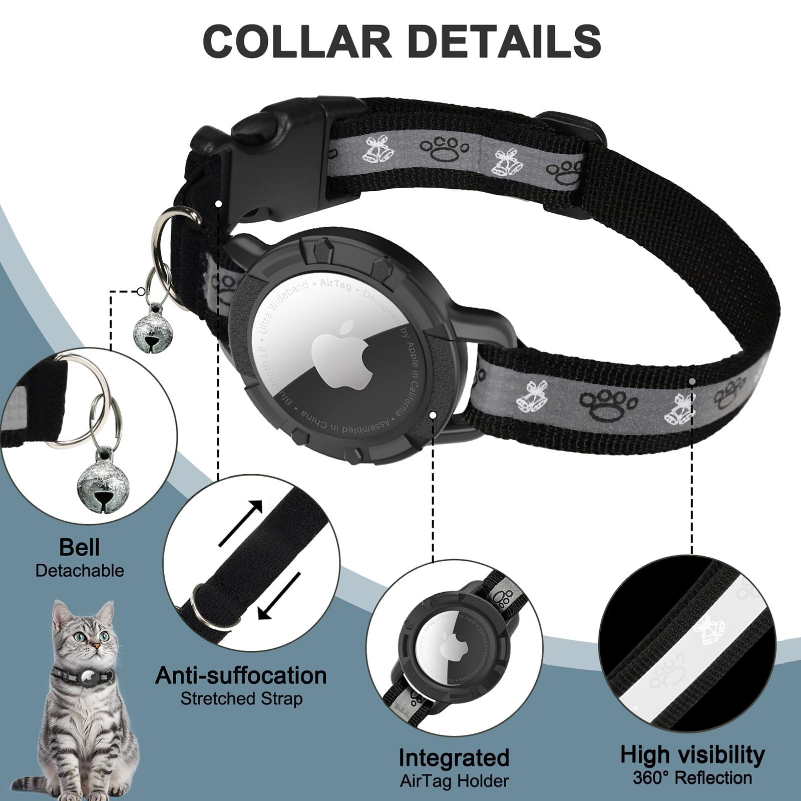 طوق قطط عاكس لجهاز ايرتاج من اودوكيل، طوق قطط مدمج بنظام تحديد المواقع العالمي مع حامل اير تاج وجرس، طوق قطط بشريط مطاطي امان لتتبع القطط والبنات والاولاد والقطط والجراء [اسود، مقاس XS)
