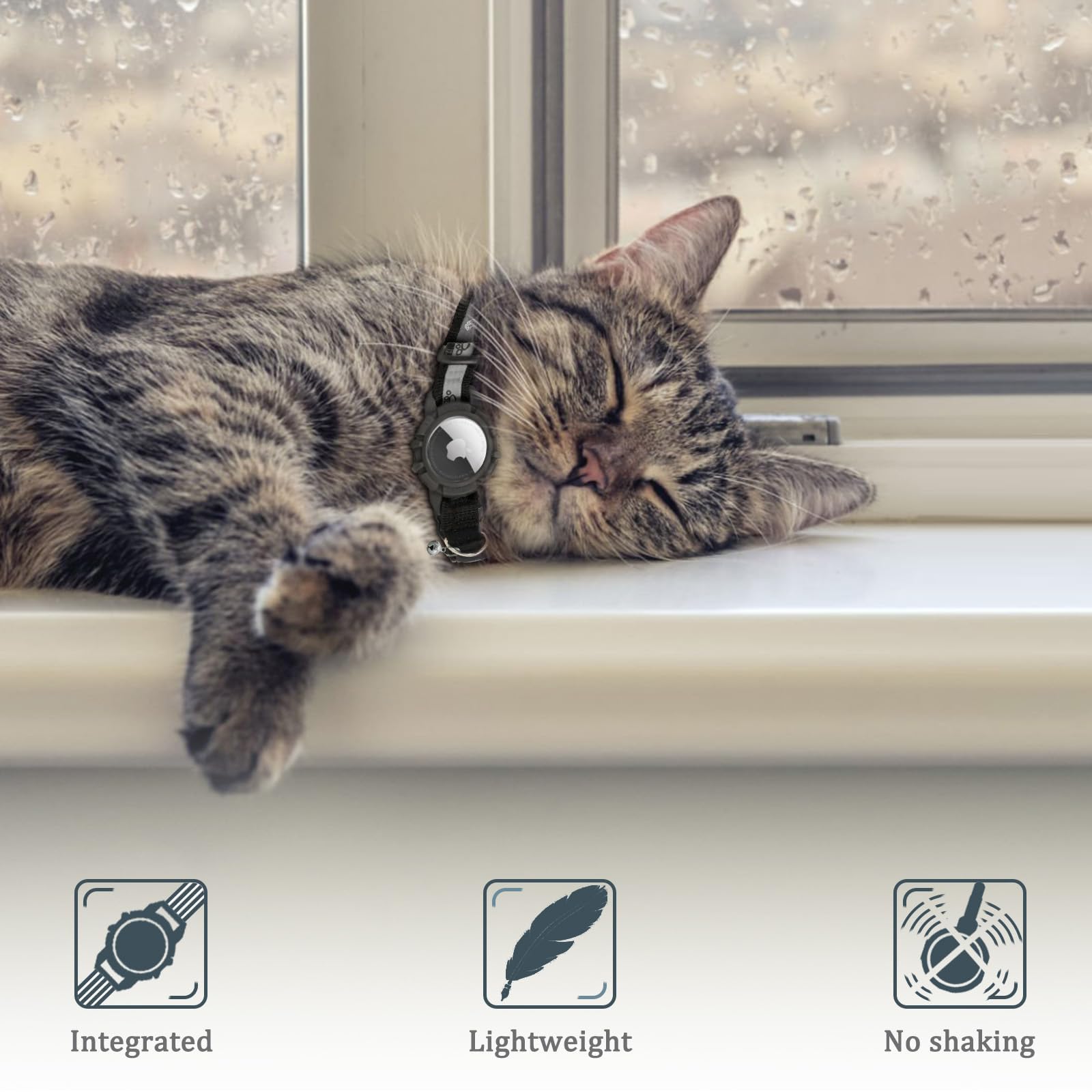 طوق قطط عاكس لجهاز ايرتاج من اودوكيل، طوق قطط مدمج بنظام تحديد المواقع العالمي مع حامل اير تاج وجرس، طوق قطط بشريط مطاطي امان لتتبع القطط والبنات والاولاد والقطط والجراء [اسود، مقاس XS)