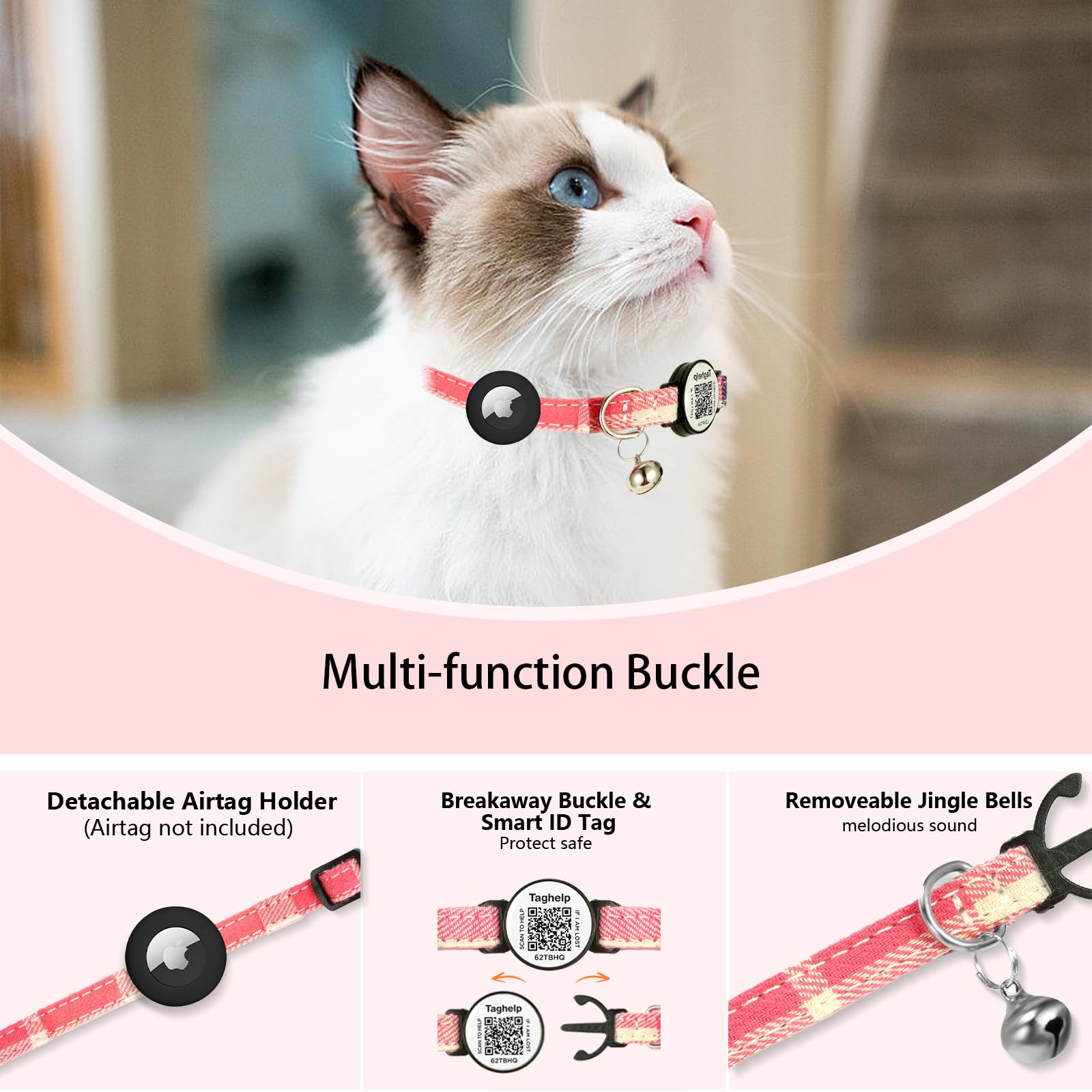 طوق قطط قابل للفصل من القماش الشبكي مع بطاقة تعريف ذكية مع حامل ايرتاج وجرس، خفيف وقابل للتعديل، طوق اير تاج مدمج للقطط ابل. جهاز تتبع للبنات والاولاد والقطط والقطط (بني)