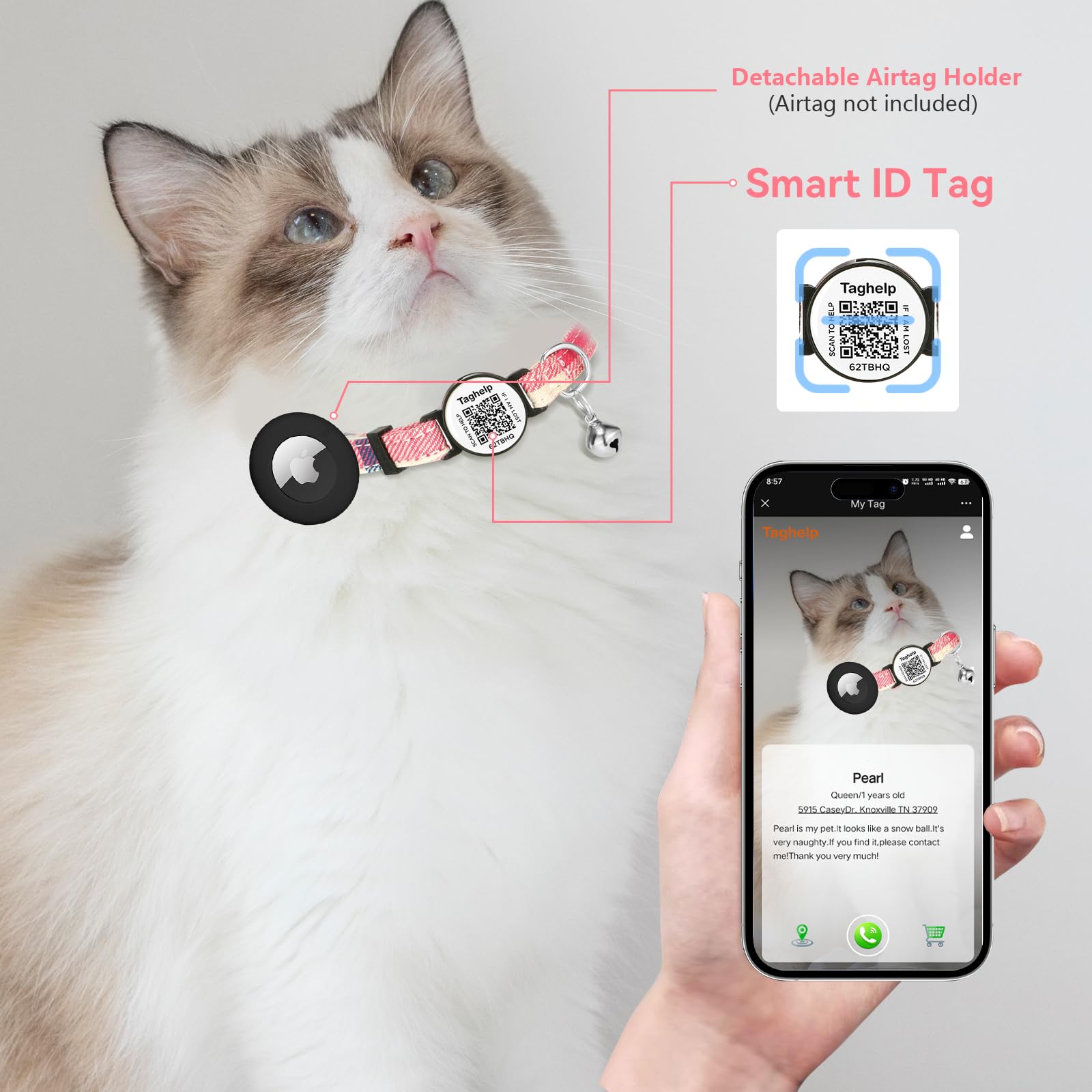 طوق قطط قابل للفصل من القماش الشبكي مع بطاقة تعريف ذكية مع حامل ايرتاج وجرس، خفيف وقابل للتعديل، طوق اير تاج مدمج للقطط ابل. جهاز تتبع للبنات والاولاد والقطط والقطط (بني)