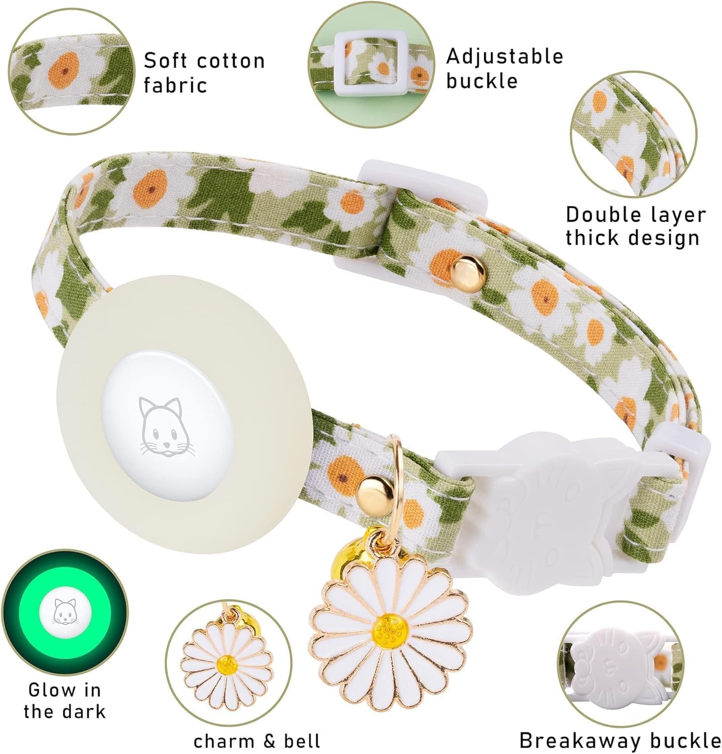 طوق للقطط اير تاغ من اكس سبرينج، طوق قابل للتعديل مع حلية على شكل زهور، طوق مريح لتتبع الحيوانات الاليفة للقطط في الاماكن المغلقة والمفتوحة، تصميم نايلون خفيف الوزن